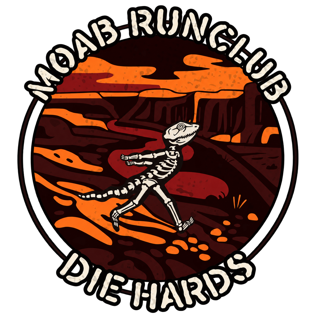 Moab Run Club DIEHARDS: a running skeletal lizard in a canyon