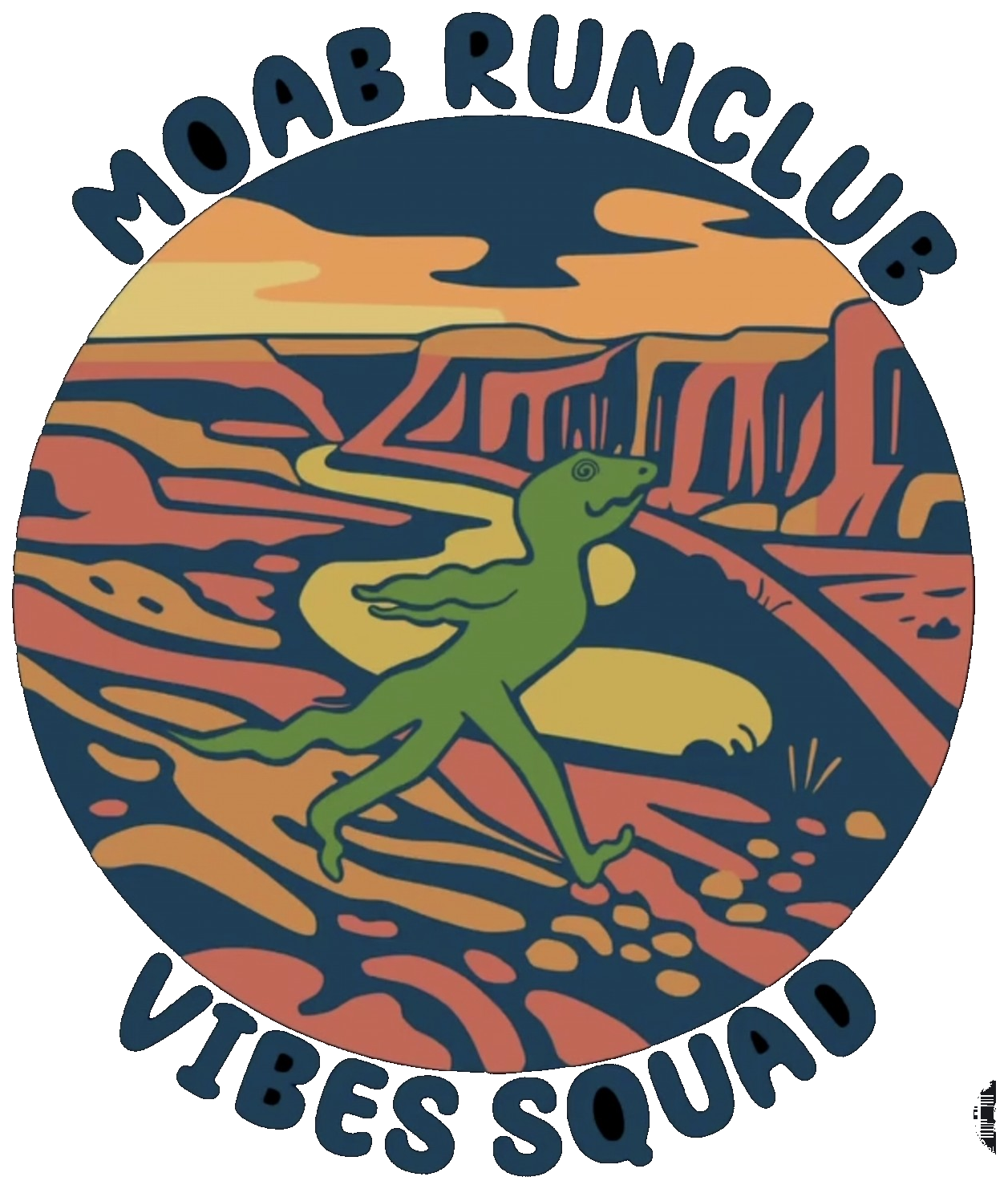 Moab Run Club Vibe Squad logo: a running green lizard in a colorful canyon